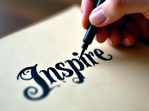 A calligrapher's hands writing 'Inspire' on high-quality paper.
