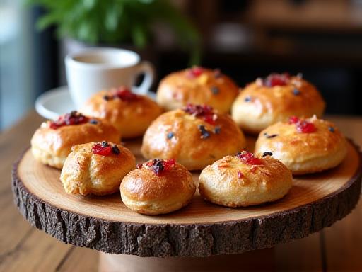 A delicious assortment of fresh pastries on a wooden display stand.