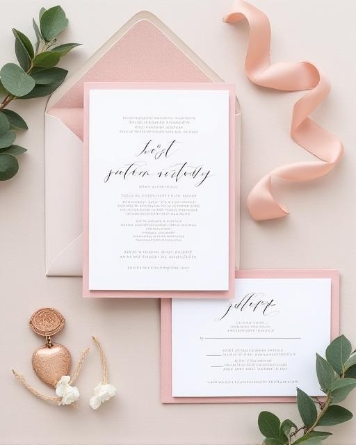 A flat lay of a bespoke wedding invitation suite created at the cafe.