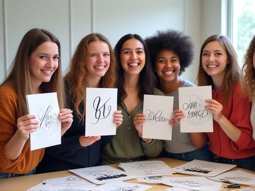 Smiling attendees showing off their practice sheets in a workshop.