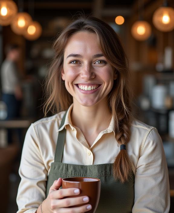 A friendly portrait of the founder of Ink Quill Cafe, holding a coffee mug.