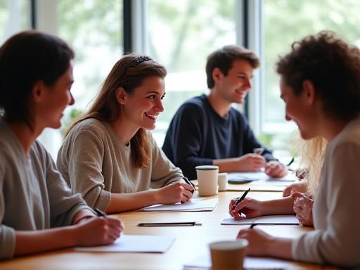 A small group of people learning calligraphy basics in a bright workshop.
