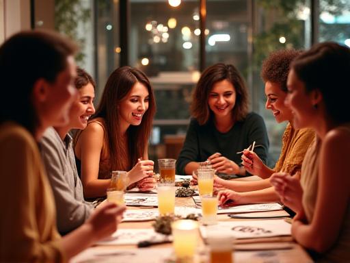 A group of friends laughing and practicing calligraphy together at a private event.